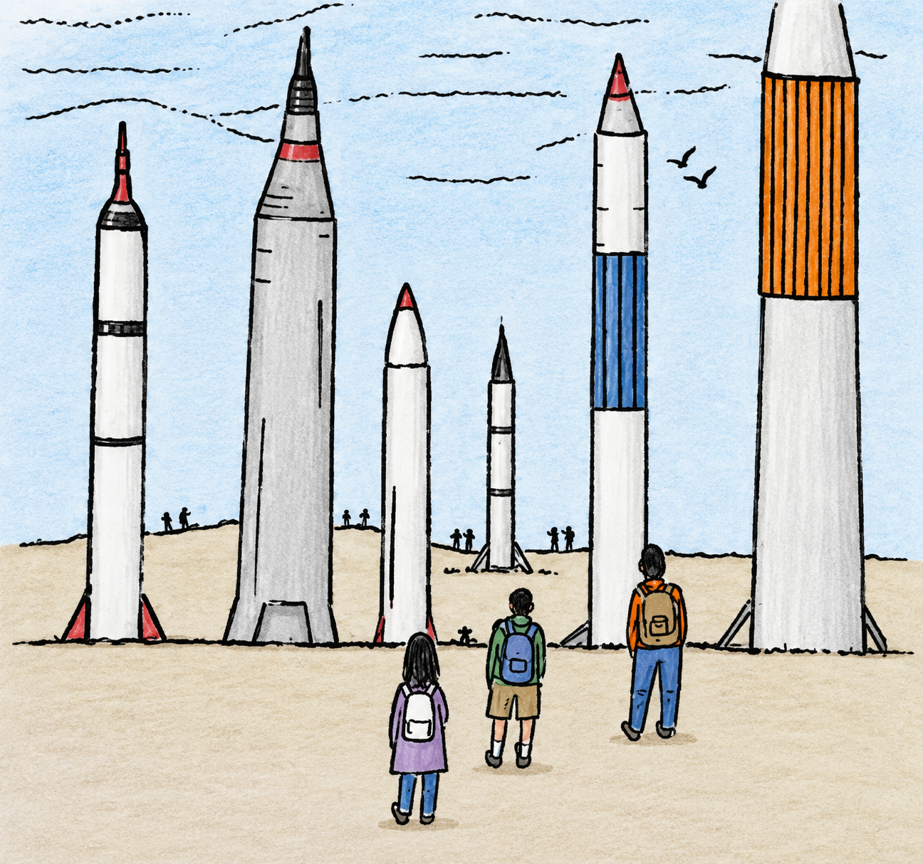Mehrere Raketen auf einer Startfläche, drei Kinder mit Rucksäcken schauen sie an.